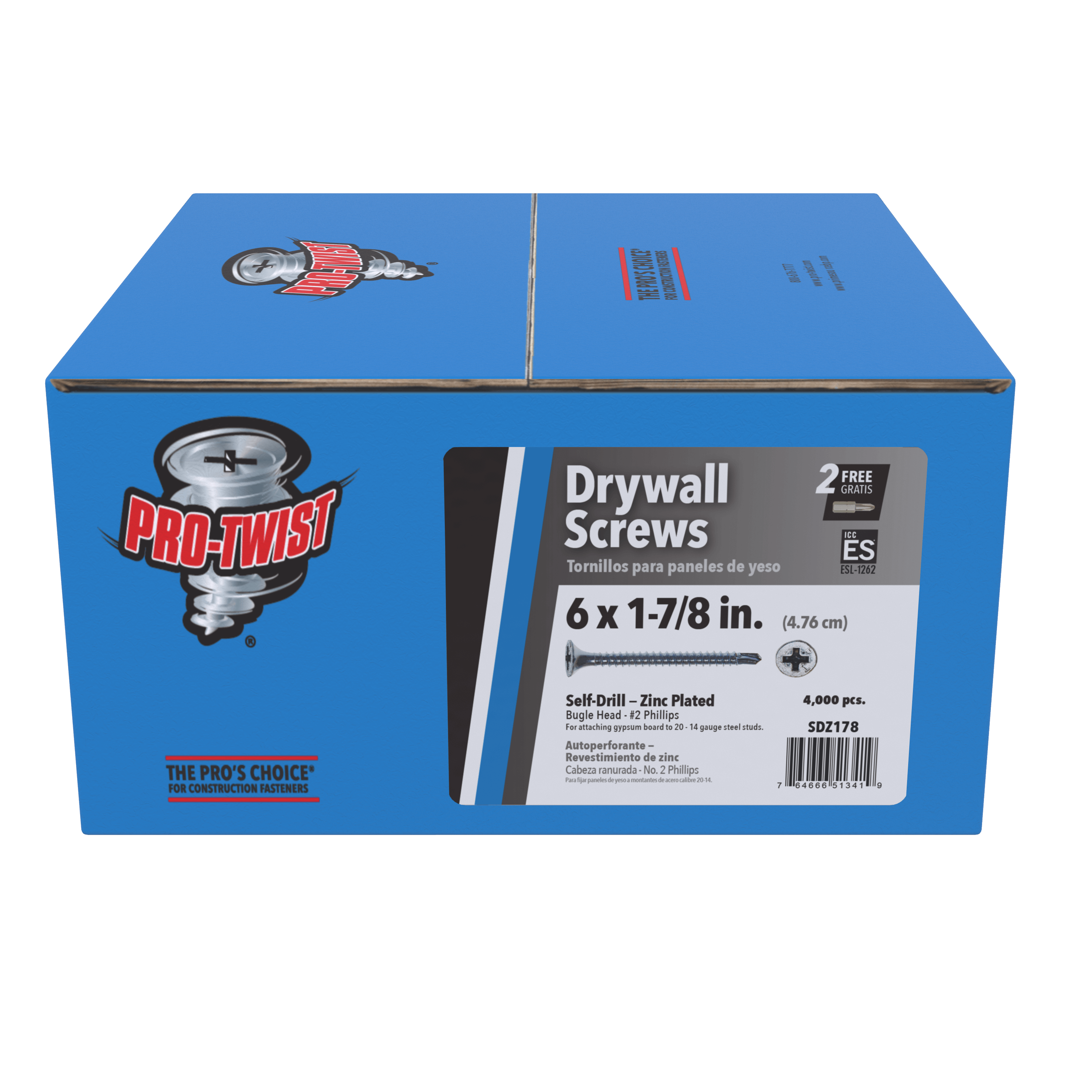 A blue Pro-Twist box of 8,000 SDZ178 #6 x 1-7/8 inch zinc-plated self-drill drywall screws with Phillips bugle head is ideal for contractors installing gypsum, offering professional quality.